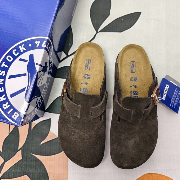 Women's Mocha Suede Birkenstock Boston Shoes - Narrow Fit - Picture 1 of 5